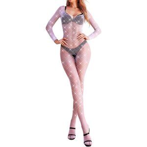 🆕Women Cream Classic Fishnet Body Stocking Lingerie Sparkle Stocking One Piece